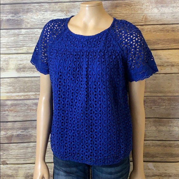 J. Crew Tops - J. Crew Eyelet Top Blue Lined 8 Cotton Classic